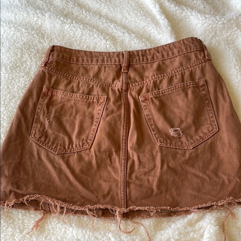 Free People We The Free Tan Denim Jean Skirt Distressed Button Up Size 29 - Picture 5 of 6